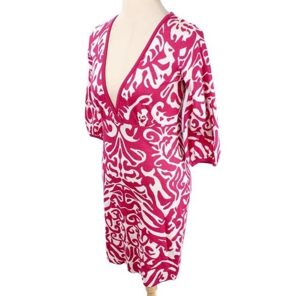 LAUNDRY BY DESIGN Fuchsia & White Filagree Knit Plunging Neckline Dress NWT - Picture 3 of 5